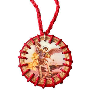 Saint Michael Scapular Necklace Red Knotted Rope Wood Pendant Rosary
